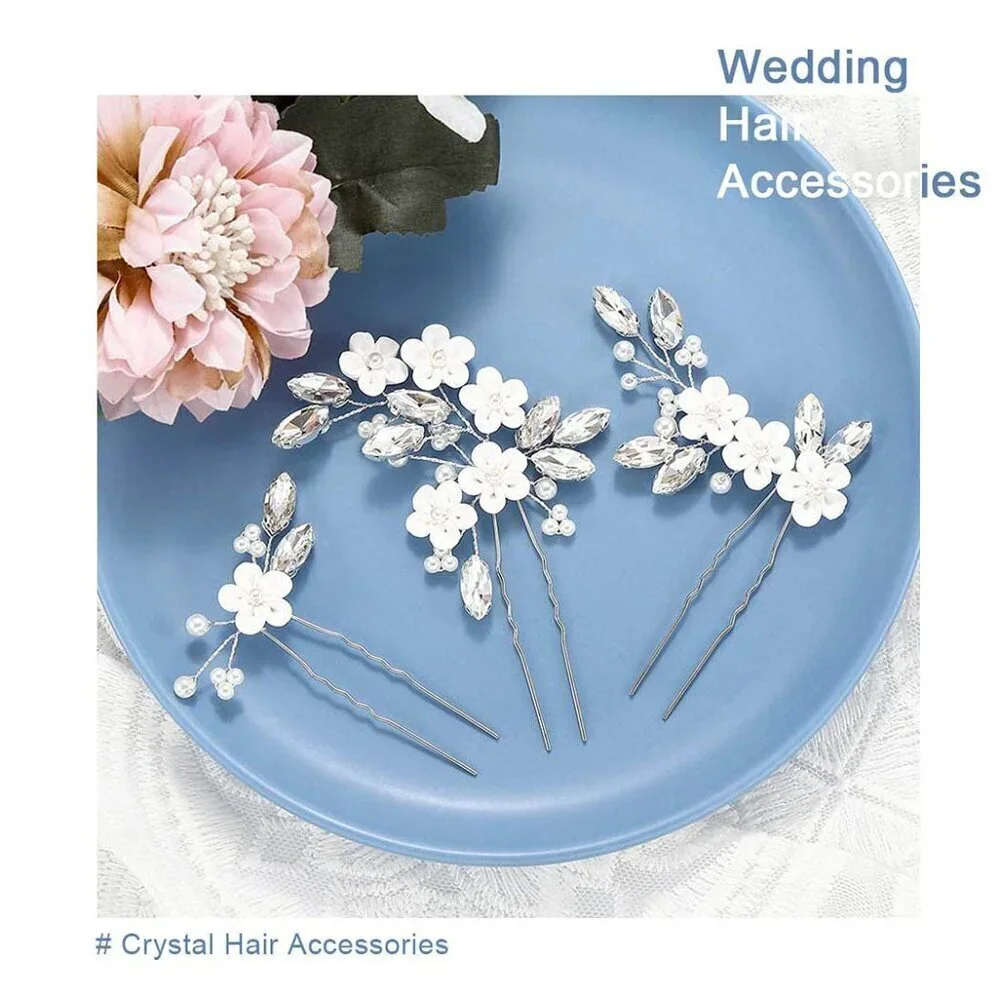 Flower Bride Wedding Hair Pins Silver Crystal Bridal Hair Pieces Pearl Hair Acce